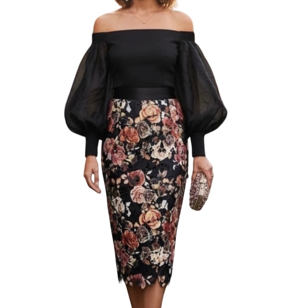 # A001 -  Gracia  Floral Lace Pencil Skirt Multi Color – Size L  NWT